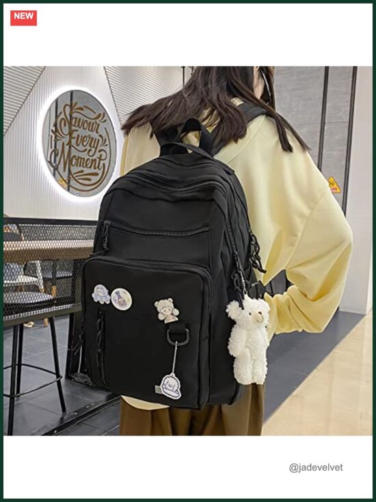 Cute Aesthetic Backpack for School Travel with Bear Pin, 15.6 Laptop, Nylon, main image 4